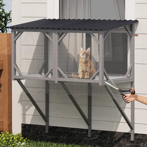 Outdoor Cat Window Enclosure — Solid Wood Catio with Bug-Proof Net
