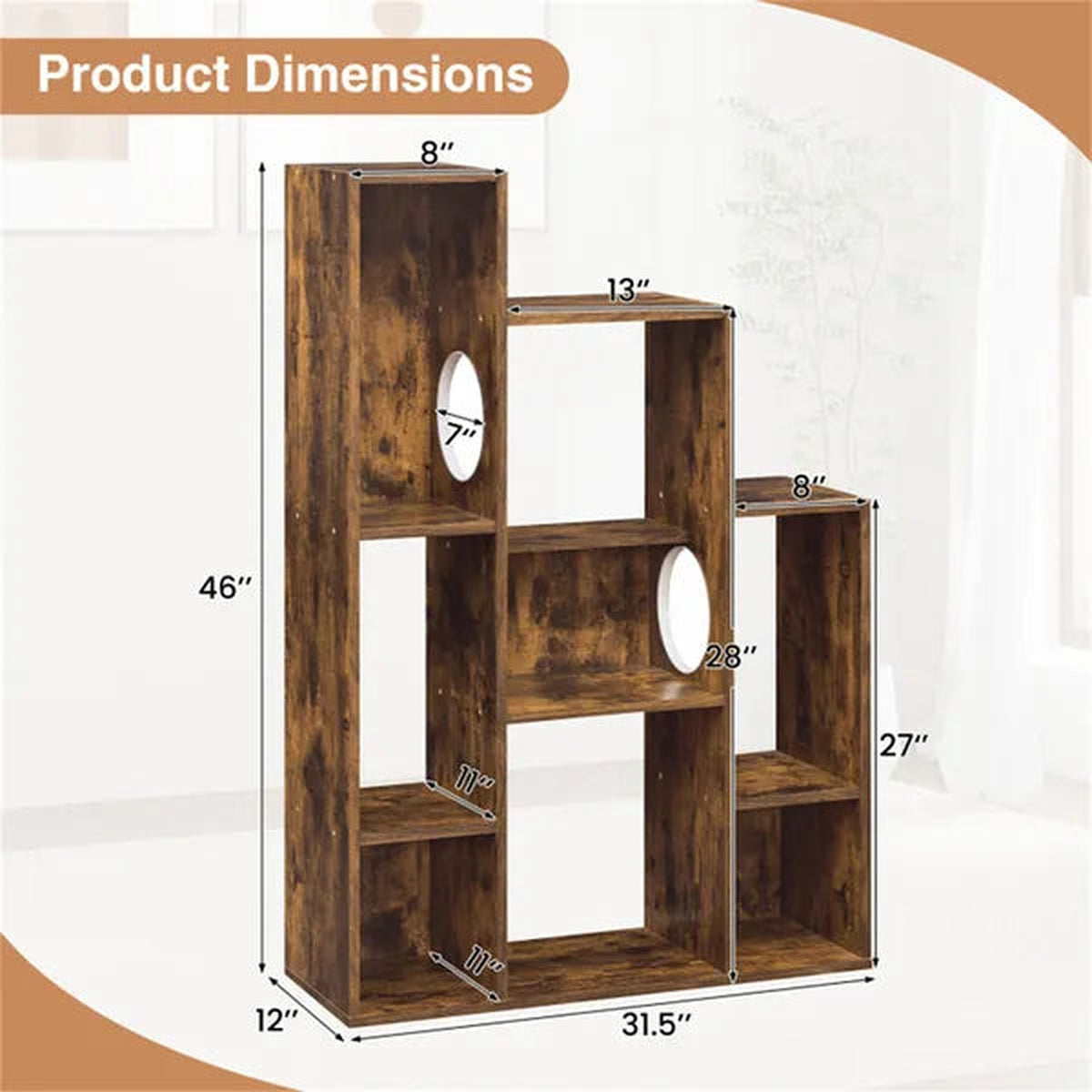 Rustic Cat Bookshelf Cabinet — 8 Storage Sections & Climbing Platforms