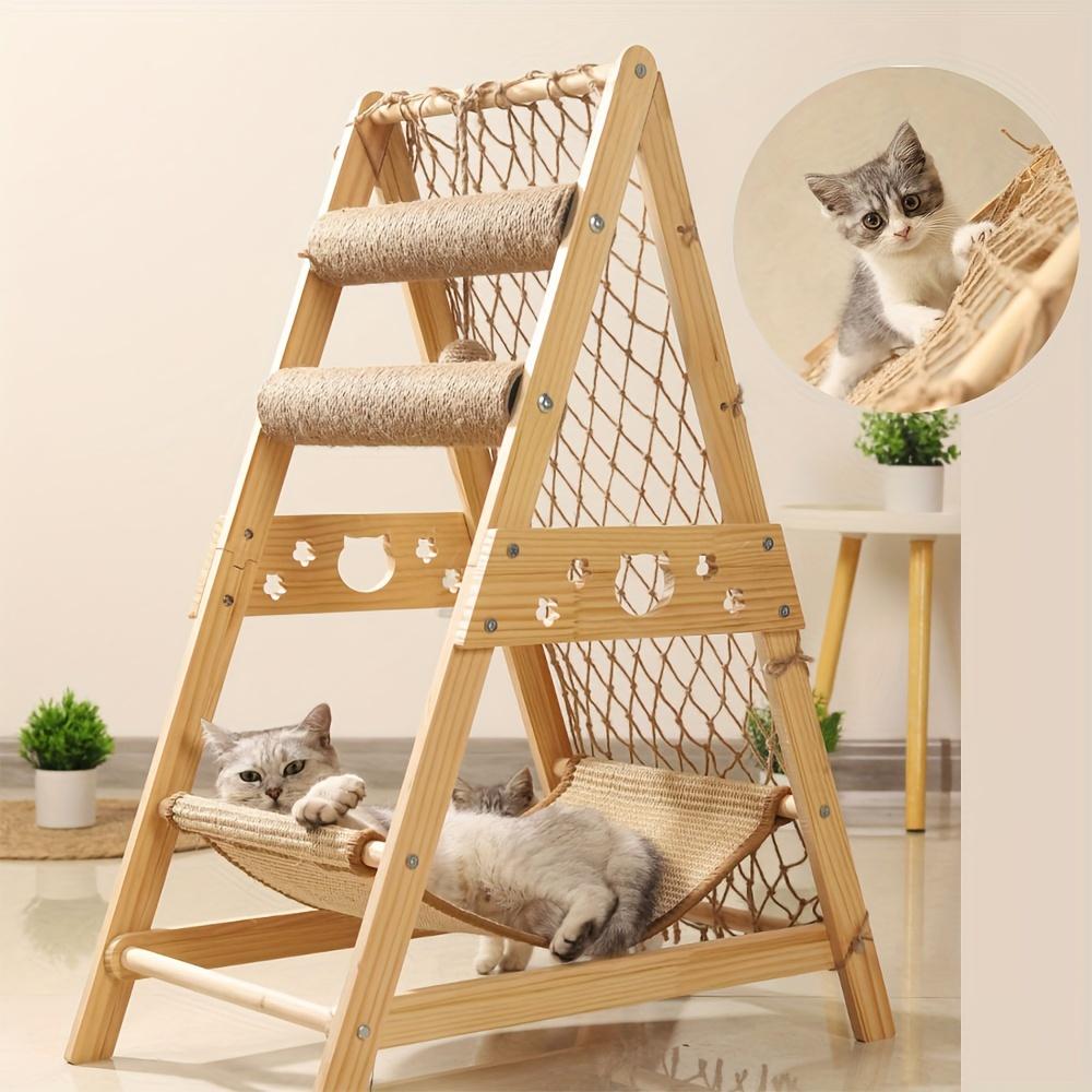 Wooden Cat Tower with Scratching Posts & Climbing Net