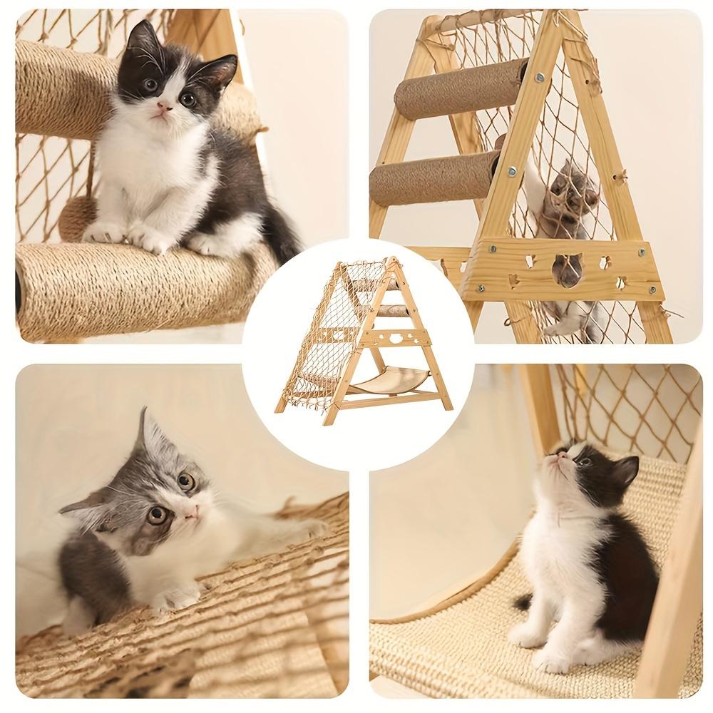 Wooden Cat Tower with Scratching Posts & Climbing Net