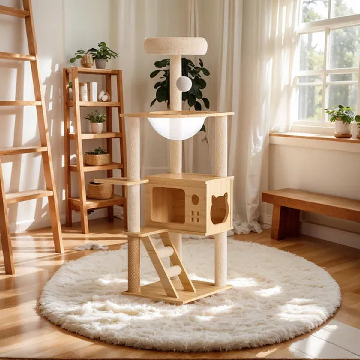 48.8″ Modern Wood Cat Tower — Multi-Level Tree with Sisal Posts & Acrylic Hammock