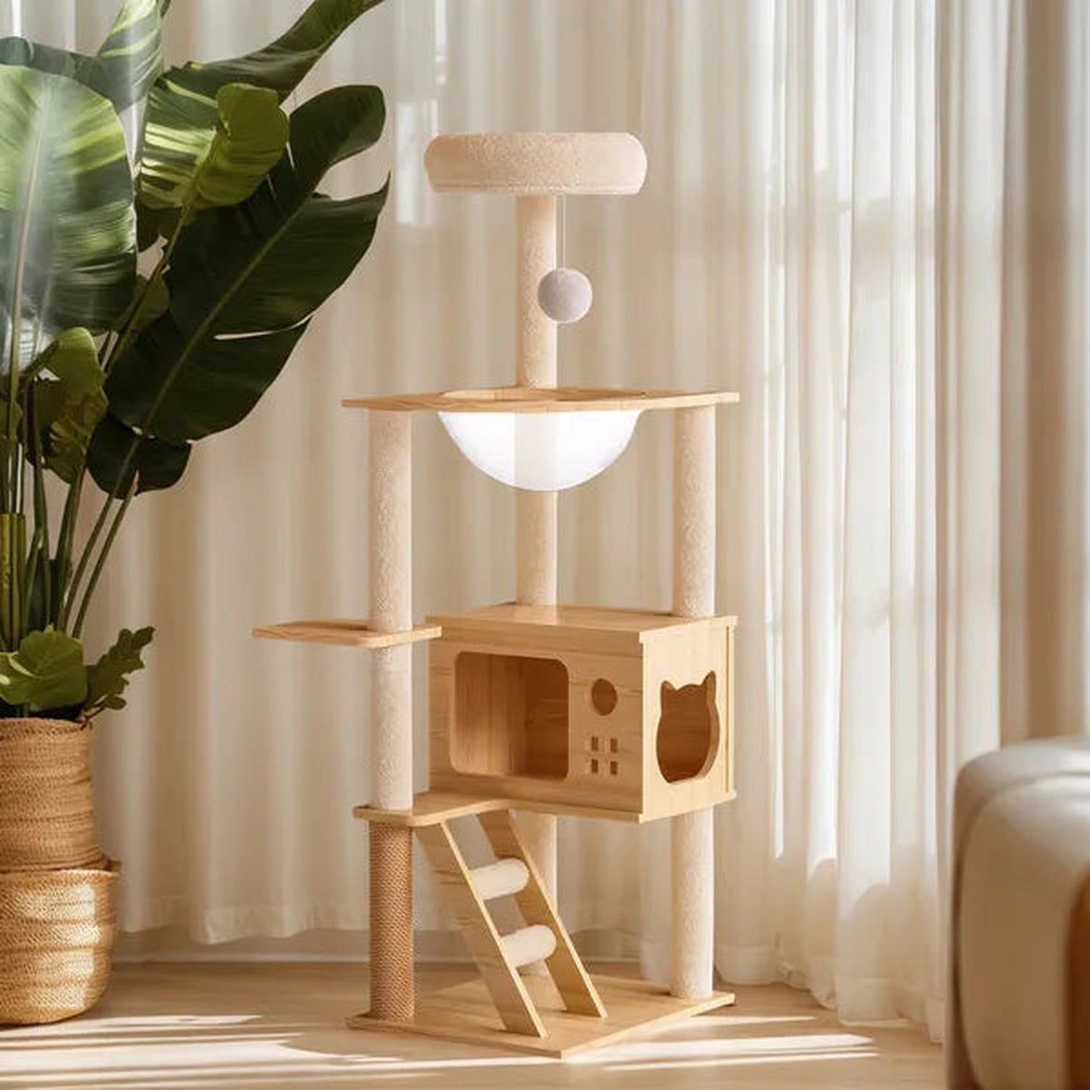 48.8″ Modern Wood Cat Tower — Multi-Level Tree with Sisal Posts & Acrylic Hammock